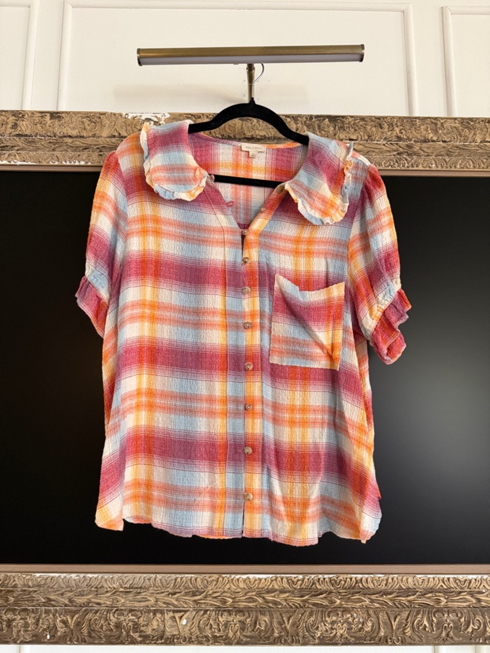 Pilcro Multicolor Plaid Ruffle-Collar Button Blouse